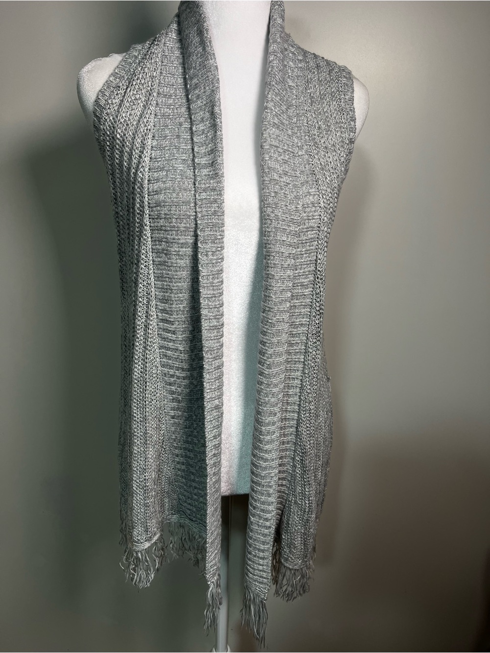 Cloud Chaser Light Gray Open-Front Knit Vest with Fringe Trim